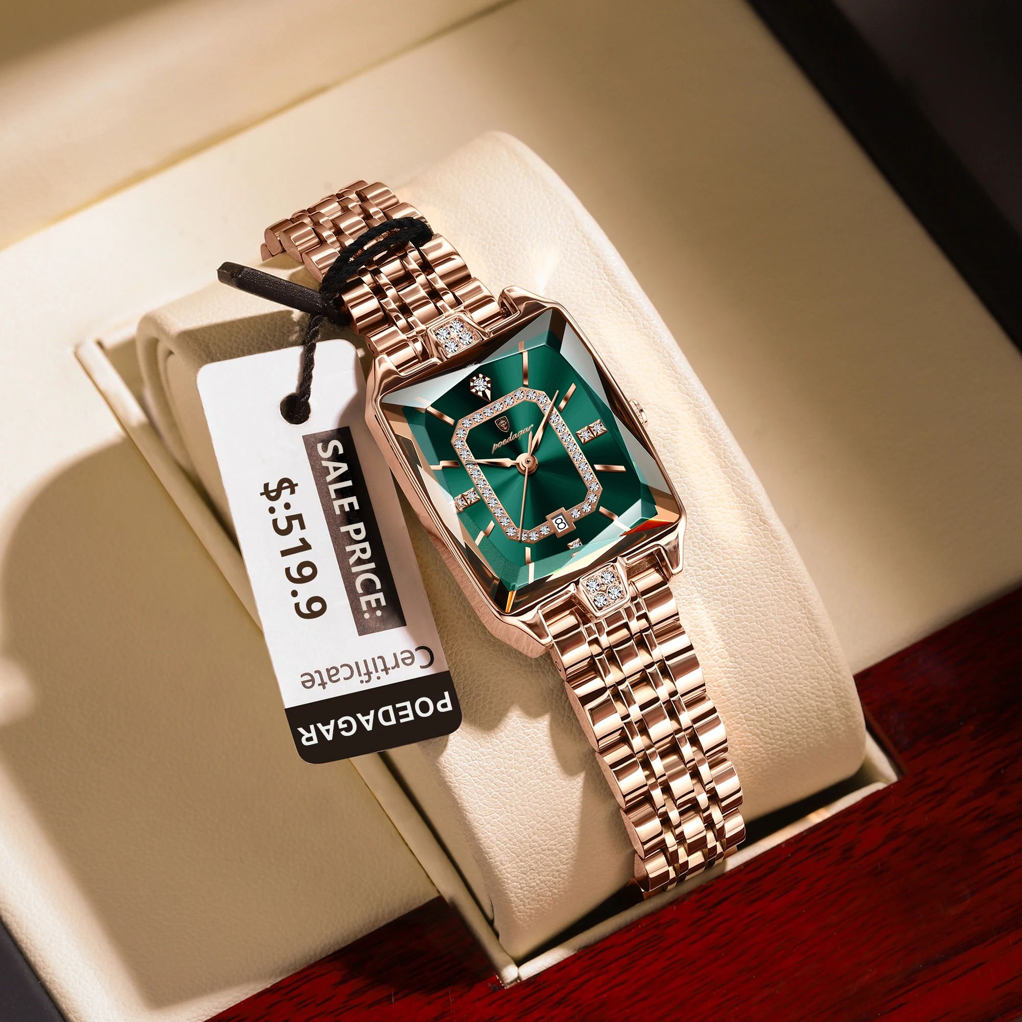 POEDAGAR Luxury Waterproof Rectangle Women's Quartz Watch with Calendar