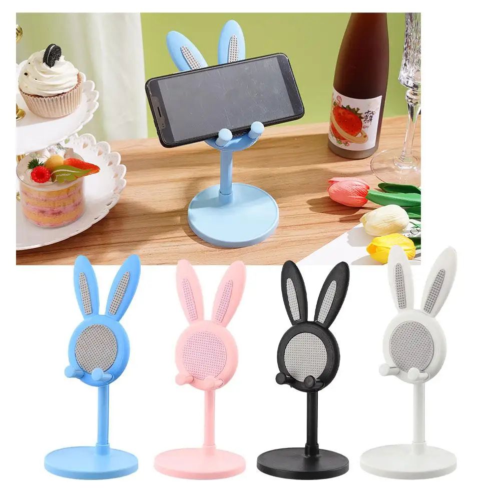 Cute Rabbit Adjustable Phone Stand for Desk - Universal Tablet Holder, Telescopic Height, Sturdy Hands-Free Viewing, Gif