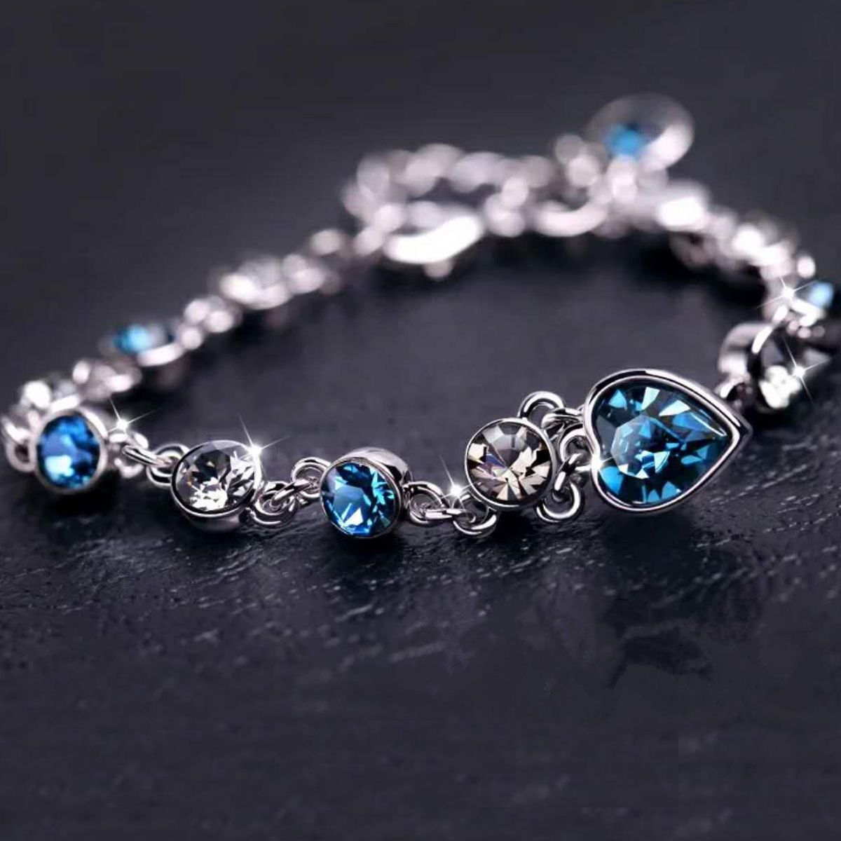 Blue Crystal Heart Charm Bracelet for Women, Silver Color Lucky Pulseras Bracelet, Bridal Wedding Engagement