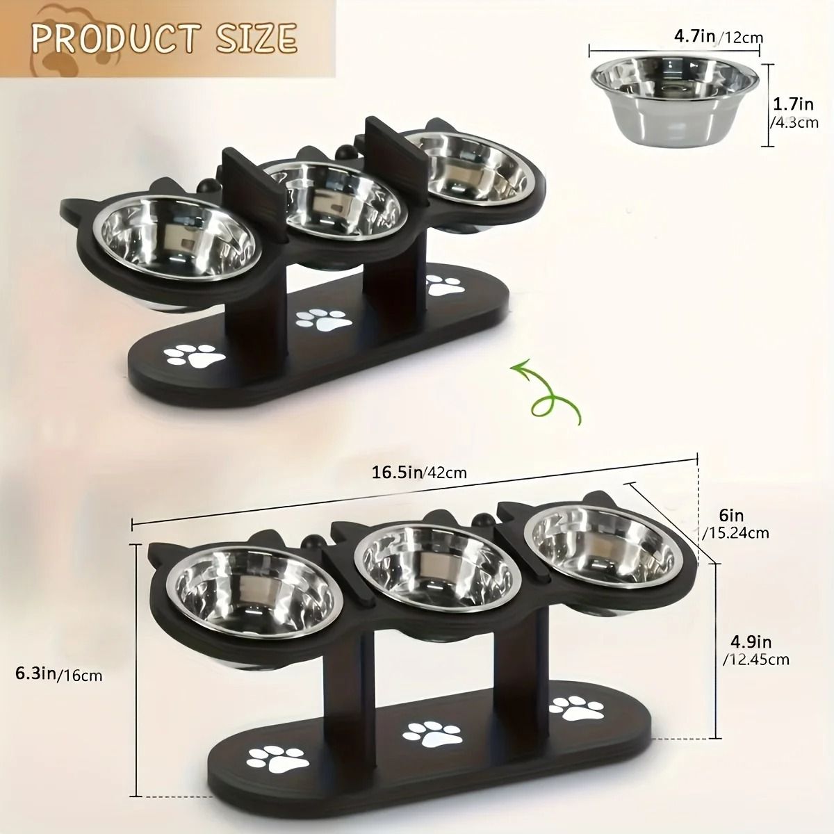 Elevated Tilted Cat Food Bowls with Wooden Stand and Stainless Steel Bowls