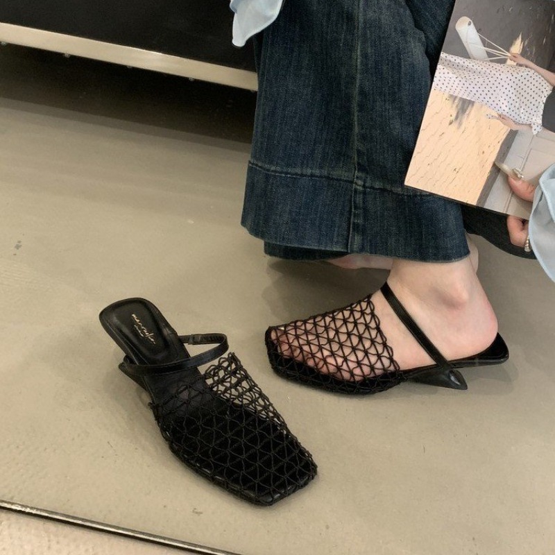 Women Mesh High Heel Sandals Square Toe Slingback Summer Pumps
