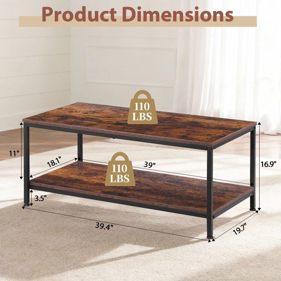 Industrial Tier Coffee Table, Rustic Brown with Storage, Sturdy and Metal Frame, Office Table for Study, Living Room