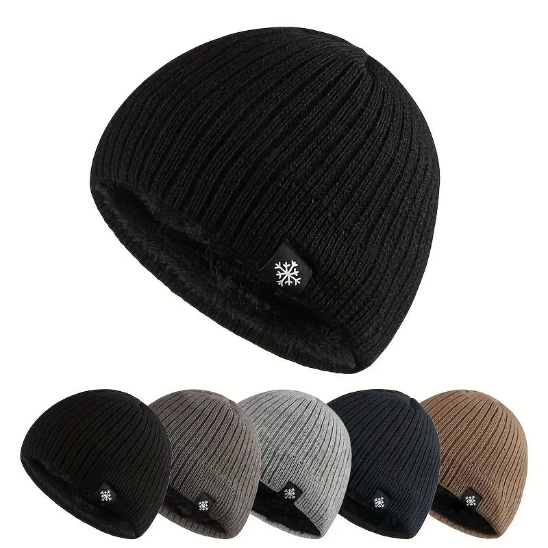 Autumn Winter Unisex Fleece Lined Knitted Beanie Loose Warm Ear Protection Thick Woolen Hat Windproof Outdoor Ski Hiking