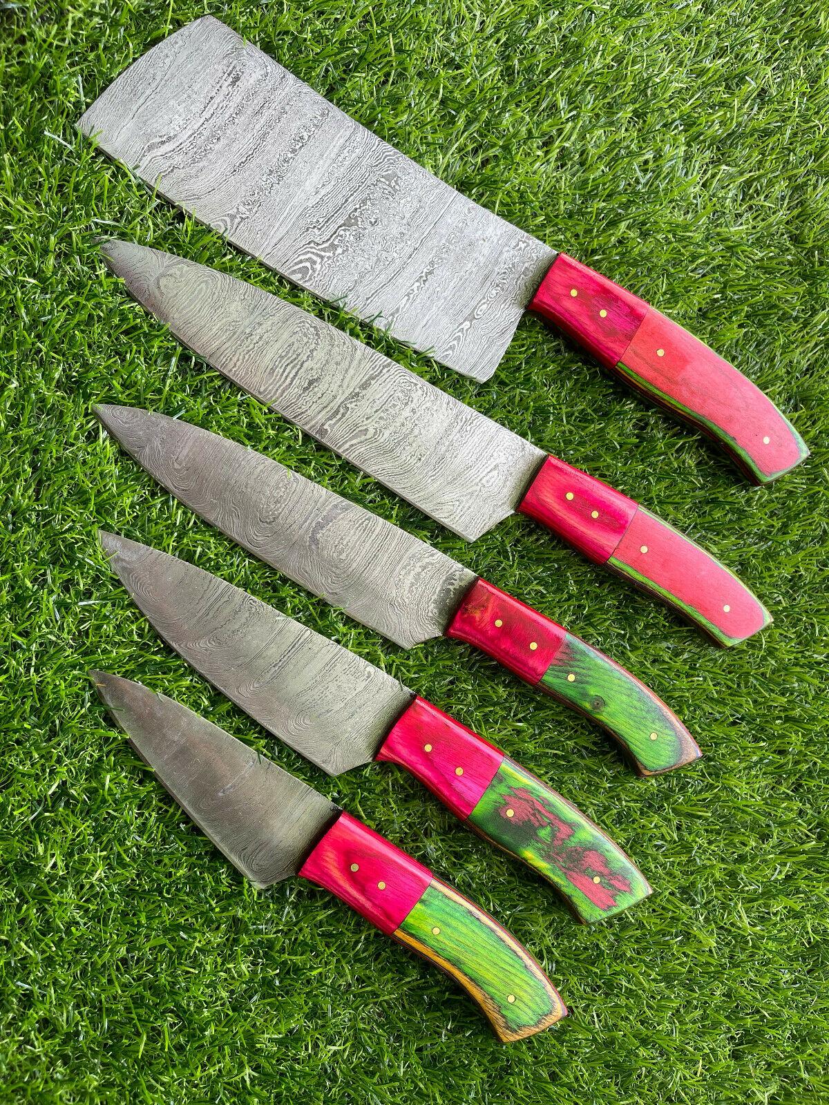 5 PCS Handmade Damascus Steel Chef Knives with Wooden Handles