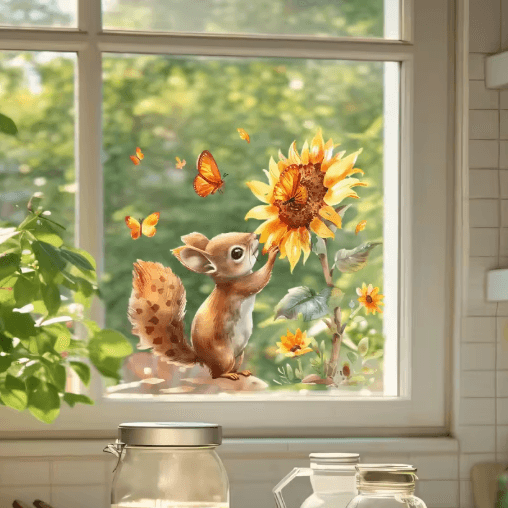 Rustic Watercolor Squirrel Wall Decal – Sunflower Animal Window Sticker for Glass Decor