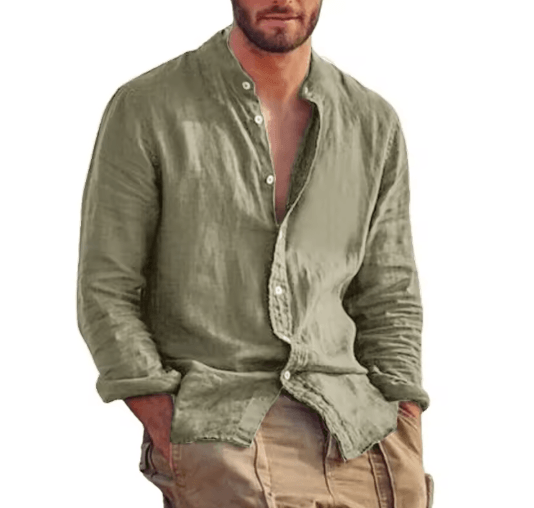 Mens Linen Long Sleeve Shirt Lightweight Stand Collar Casual Breathable Top
