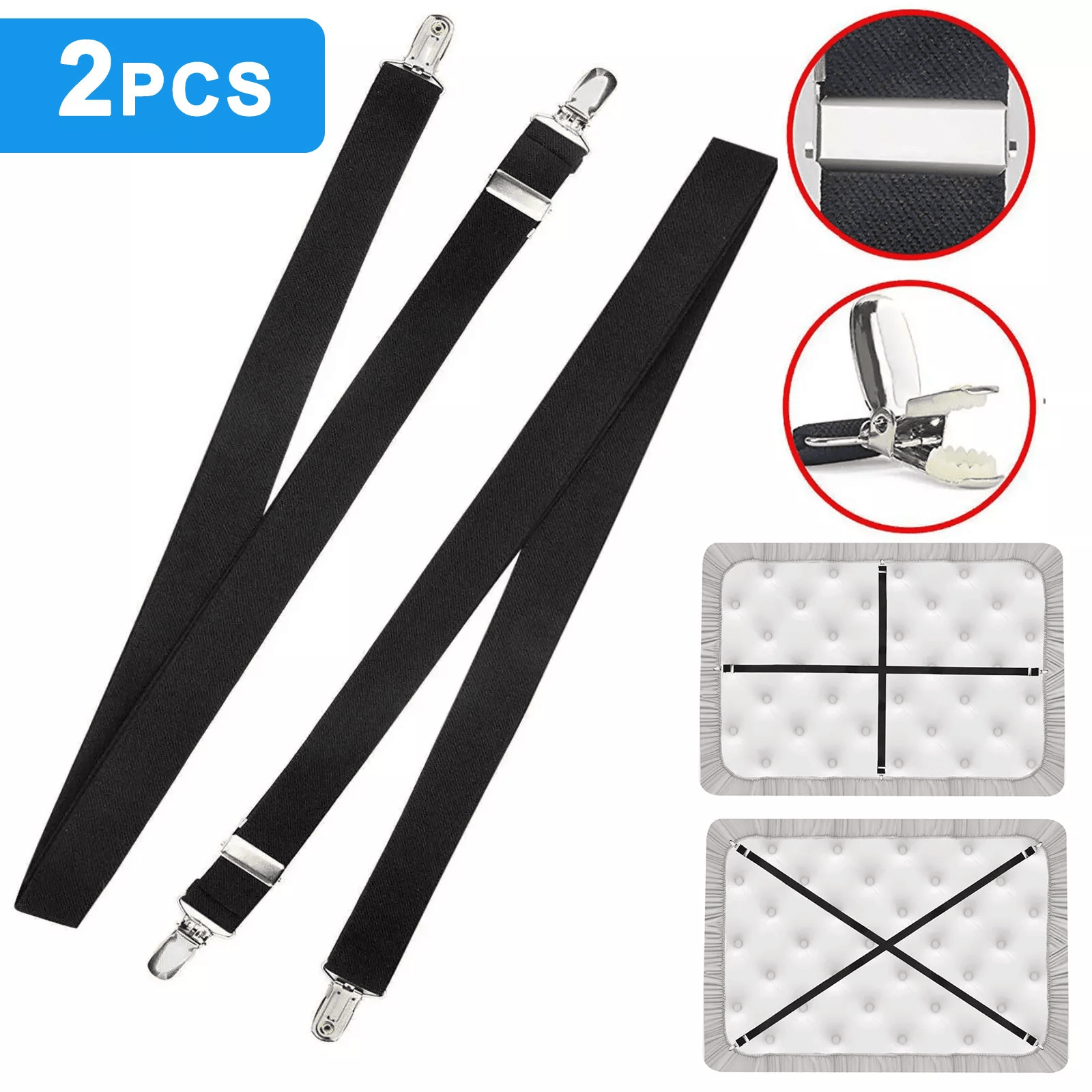 Adjustable Bed Fitted Sheet Straps Suspenders Belt with Gripper Fastener Clips, Heavy-Duty Elastic Mattress Holders