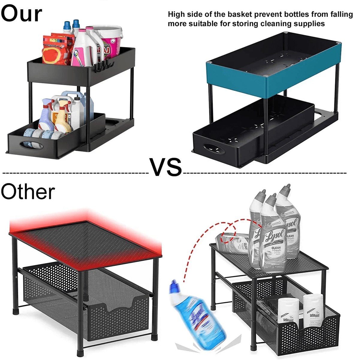 2 Tier Under Sink Organizer Sliding Cabinet Storage Rack with Hooks