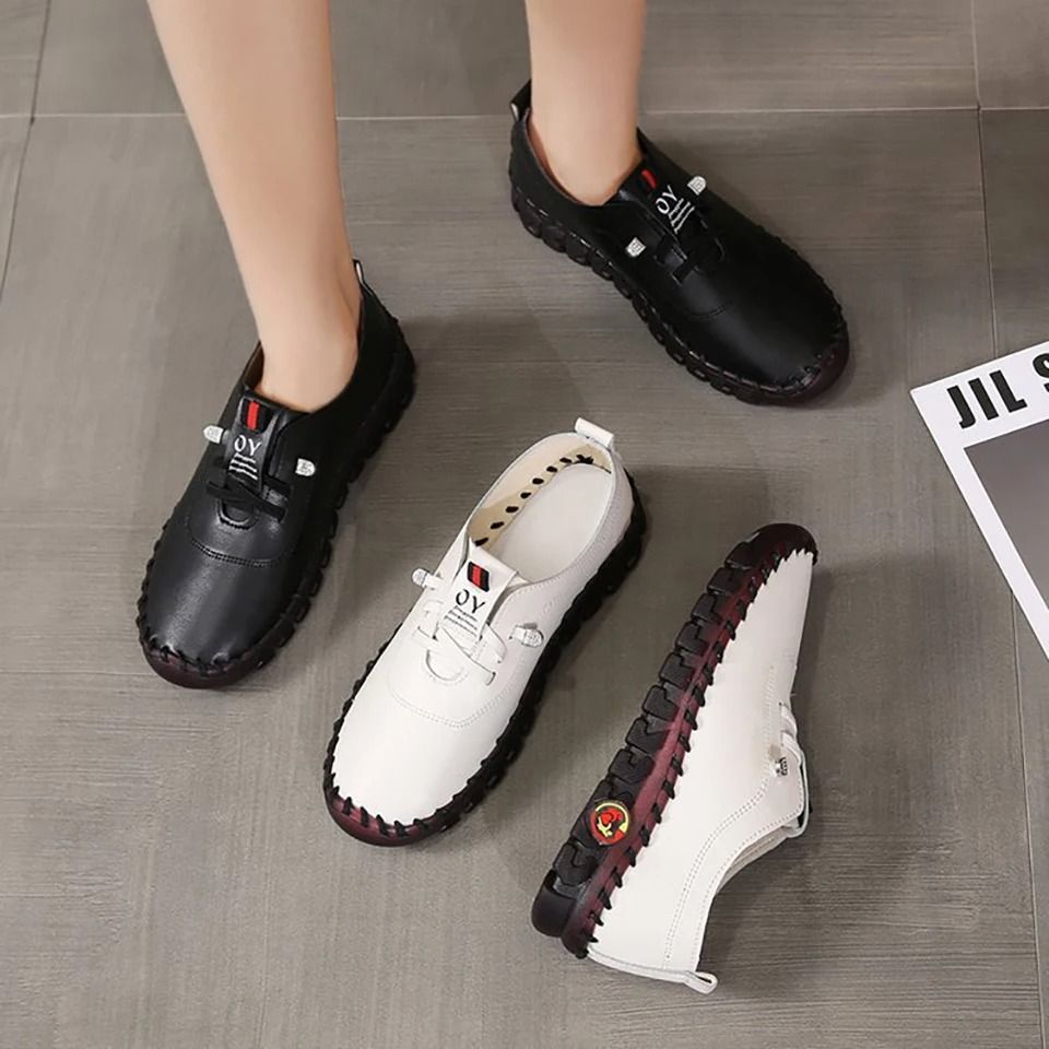 Women Leather Loafers Casual Lace Up Flat Shoes