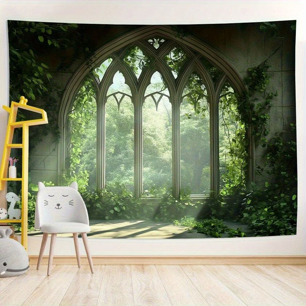 Enchanted Gothic Window Lush Garden Tapestry