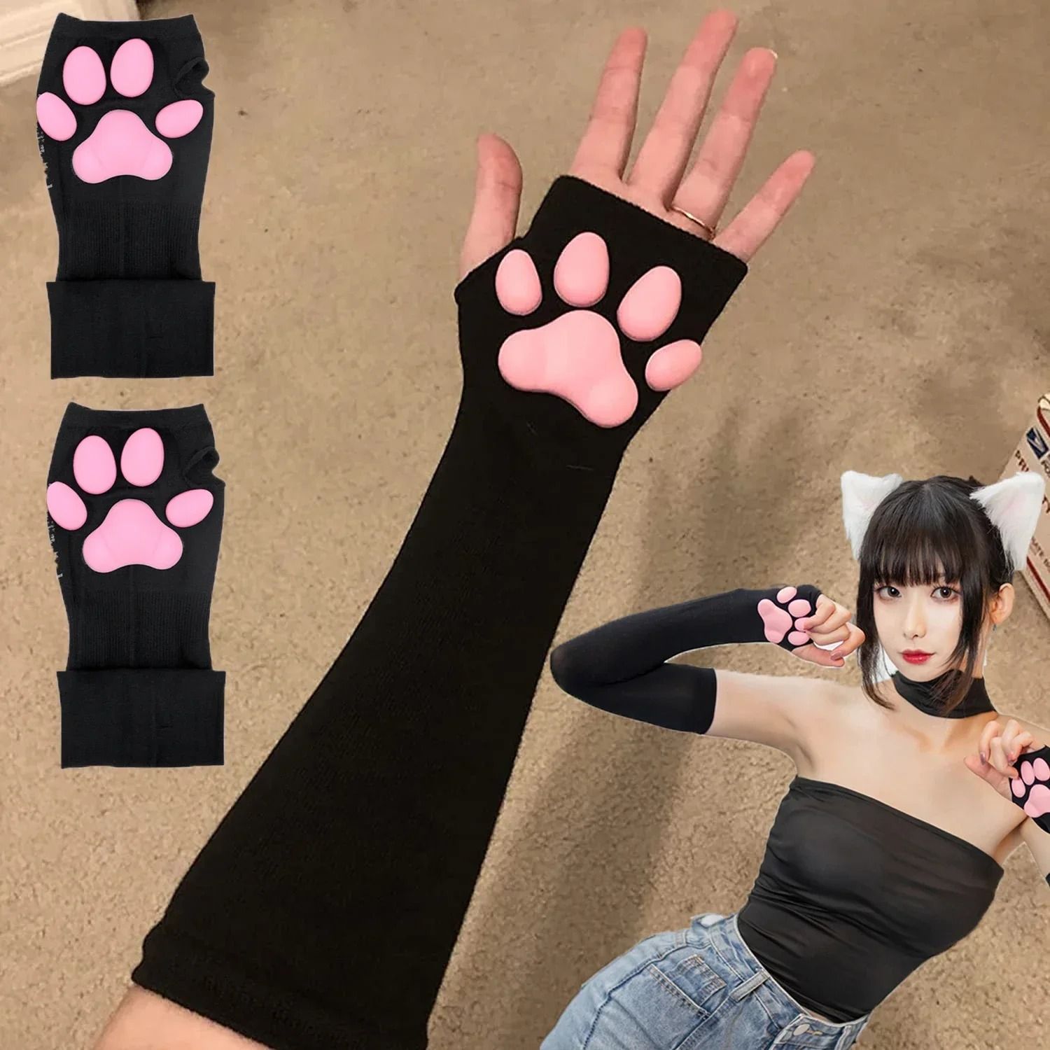 3D Cat Paw Sleeve Sun Protection Arm Cover Spandex Cat Paw Cosplay Gloves