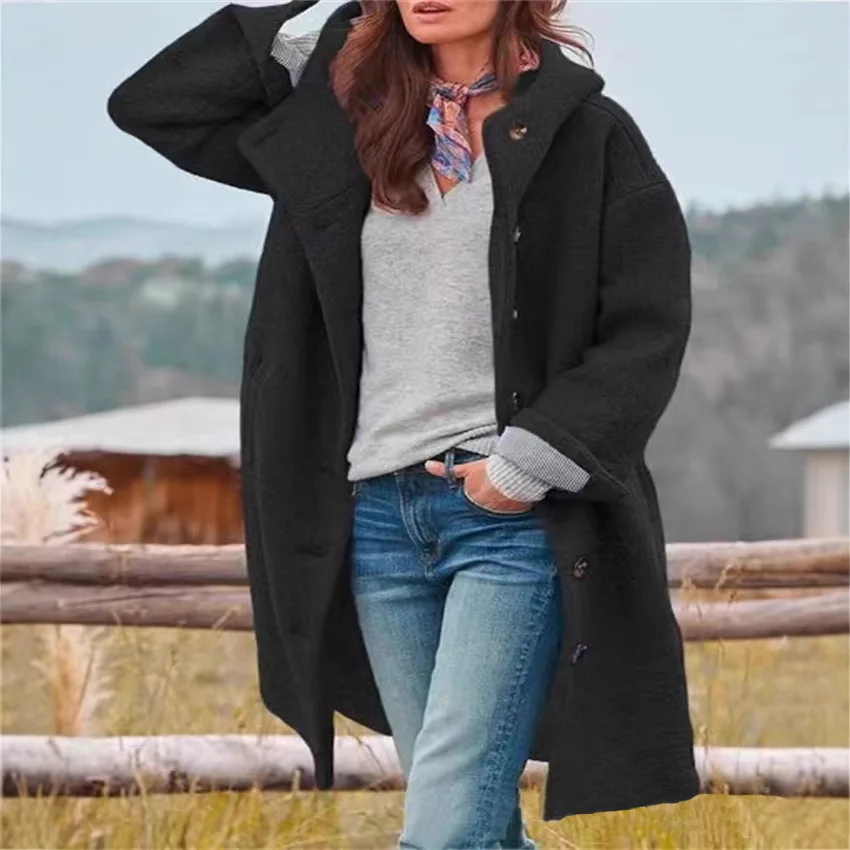 Women's Autumn Fashion Coat, Casual Loose Fit, Long Sleeve Hooded Outerwear, Pure Color Polyester Fiber, Notch Collar