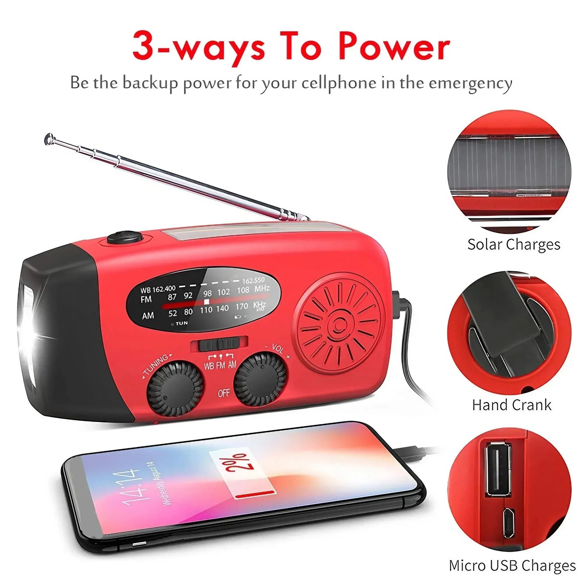 STONEGO 3-Way Powered Emergency Weather Radio with Light & Phone Charging