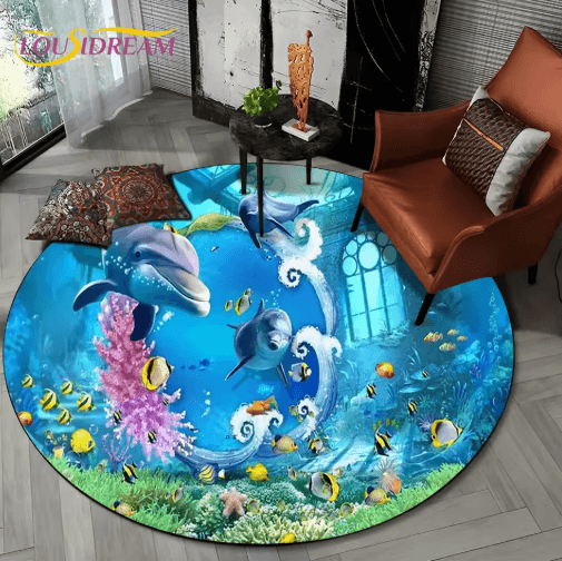 3D Ocean Dolphin Area Rug – Non-Slip Underwater Illusion Round Carpet