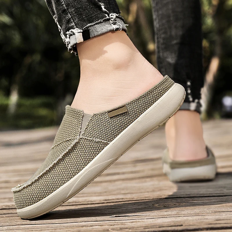 Breathable Lightweight Casual Slippers For Men Summer, Canvas Slip On Half Shoes, Big Size Shoe