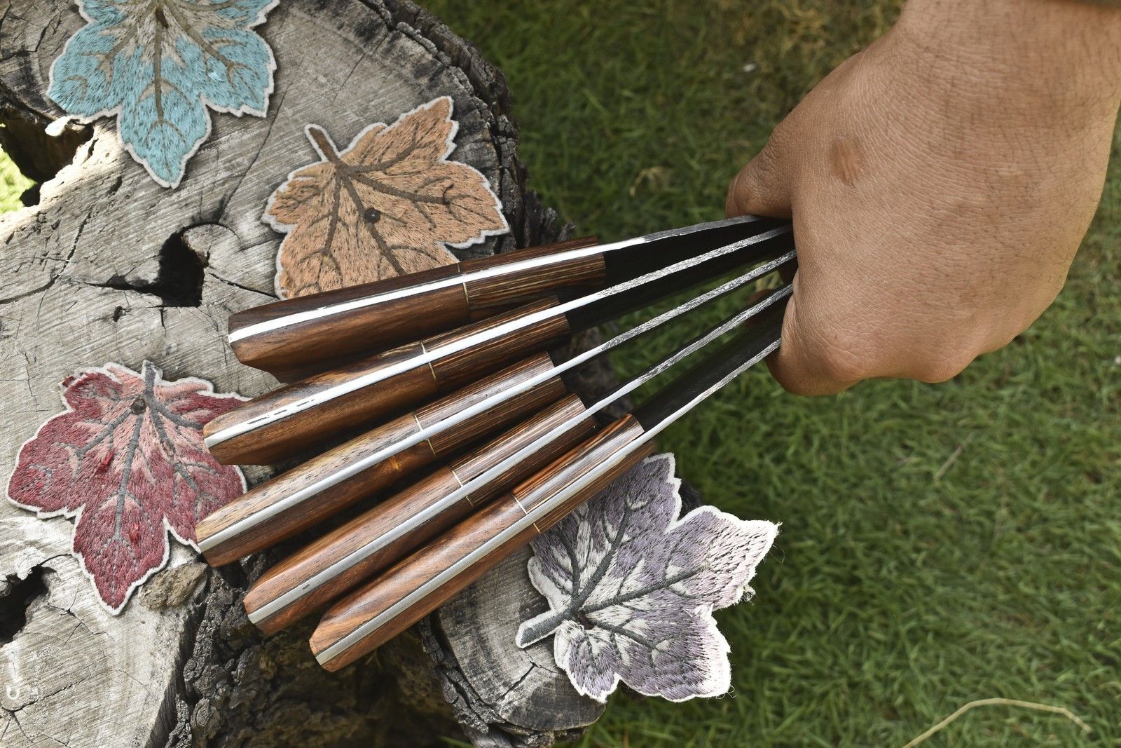Twist Pattern Damascus Chef Knives | Lot of 5 Handmade Hardwood Handle Set