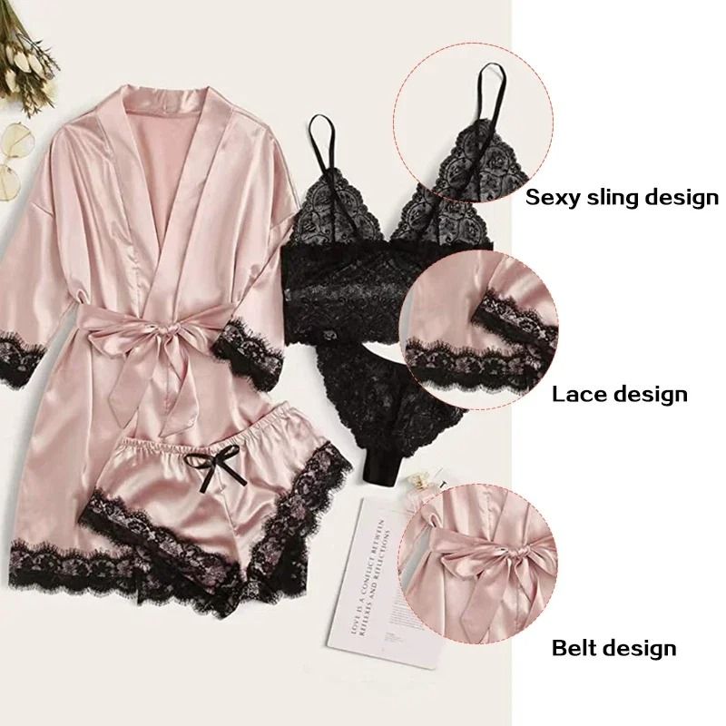 Womens Satin Sleepwear Four Piece Pajama Set with Robe Lace Nightwear