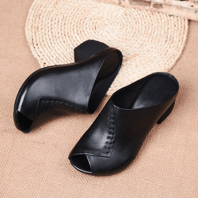 Soft Leather Mid Heel Sandals for Women Comfortable Slip On Summer Shoes