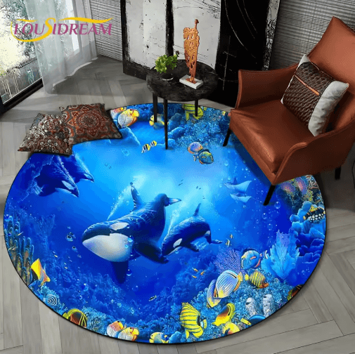 3D Ocean Dolphin Area Rug – Non-Slip Underwater Illusion Round Carpet