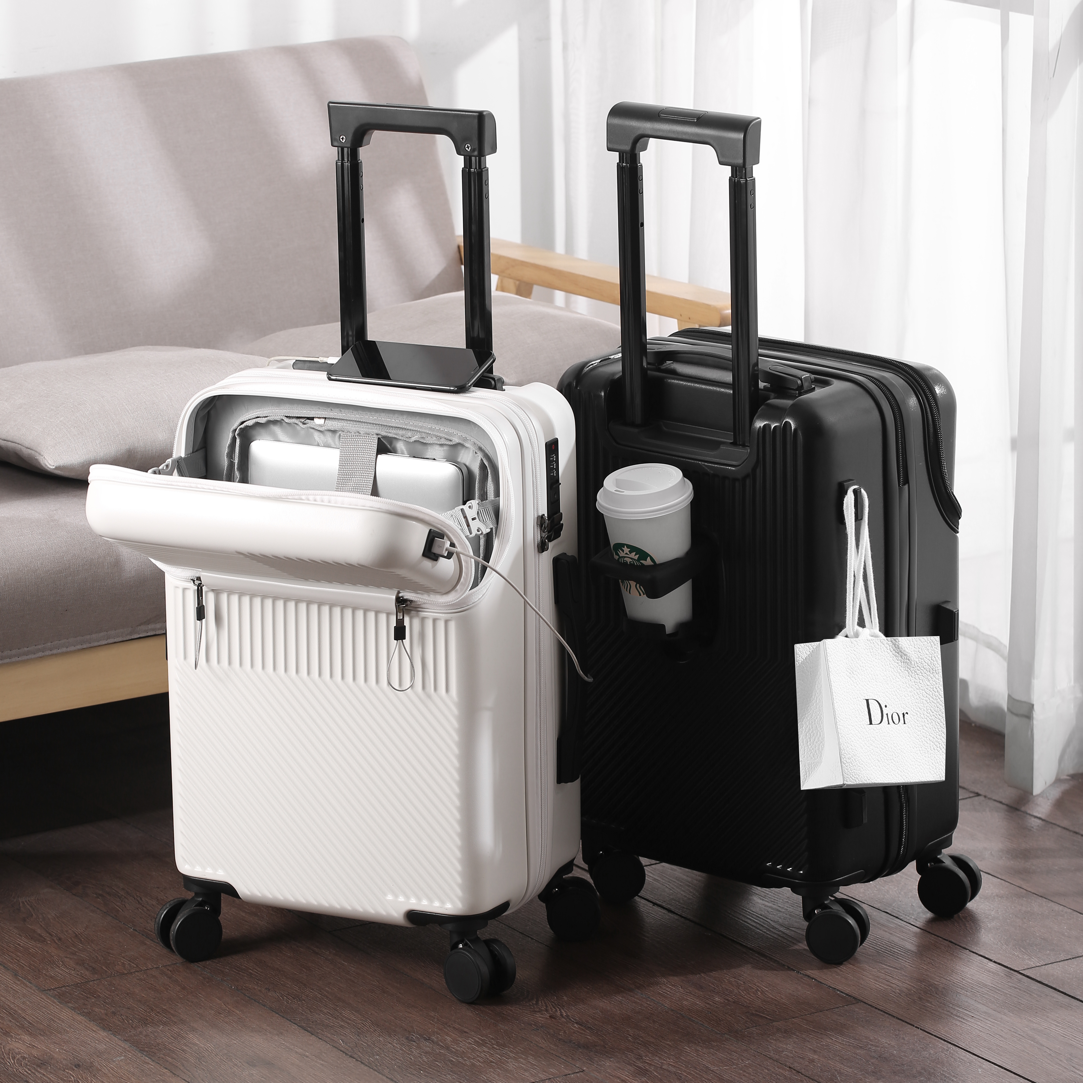 Stylish Business Carry-On Luggage with Cup Holder, Compact Lightweight Suitcase