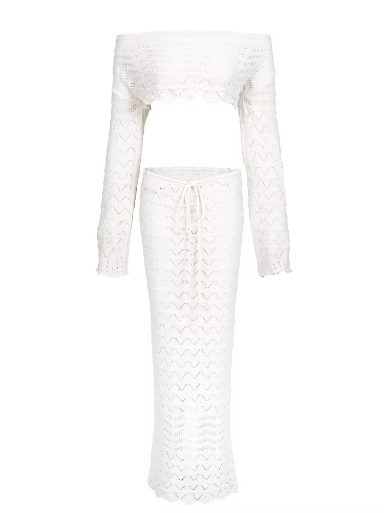 ChicWave Summer Knit Beach Set Two Piece Drawstring Skirt and One Shoulder Top