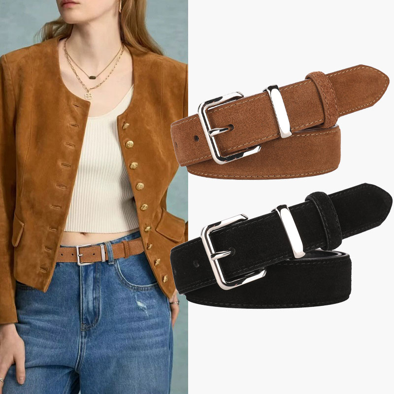 Luxurious Genuine Leather Womens Suede Belt, 2.8 cm Wide with Gold and Silver Buckle, Stylish Belt for Jeans and Outfits