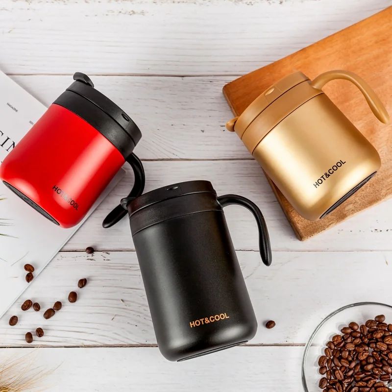 Simple Solid-Color Stainless Steel Insulated Coffee Mug with Handle – Wide-Mouth Leak-Proof Thermal Office Cup