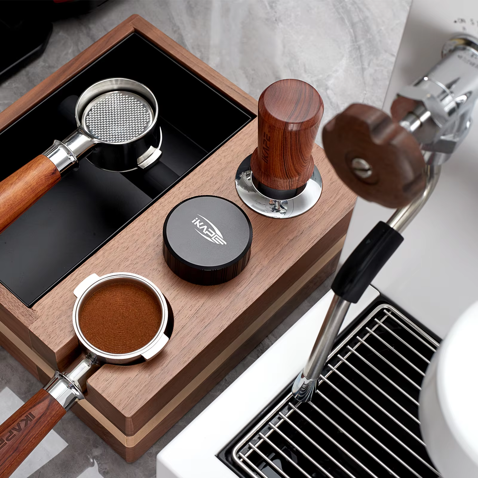 Espresso Walnut Tamper, Spring Loaded with Titanium PVD Coating