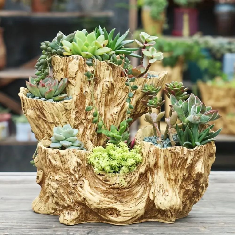 Retro Style Resin Succulent Flowerpot with Drainage Hole, Unique Asymmetrical Texture Design, Dual-Use Indoor Outdoor