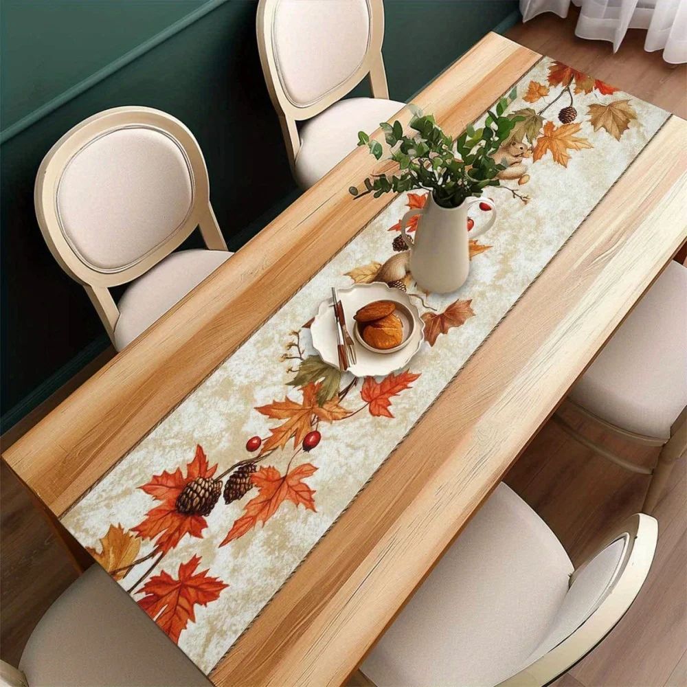 Autumn Squirrel Maple Leaf Table Runner