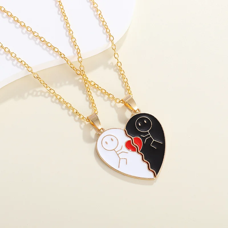 Couple Magnetic Necklace Stickman Heart Charm, Fashion Trendy Splicing Heart Pendant Jewelry Gift