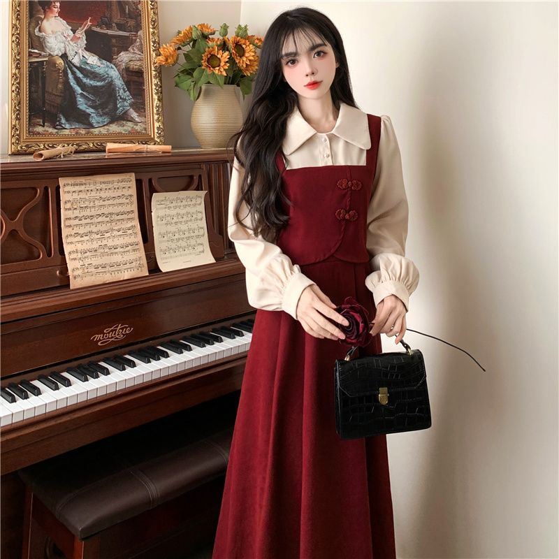 Elegant Red Dress for Women, Large Size, Chinese Style Two Piece Set, French Style Niche, Flattering Cover Belly