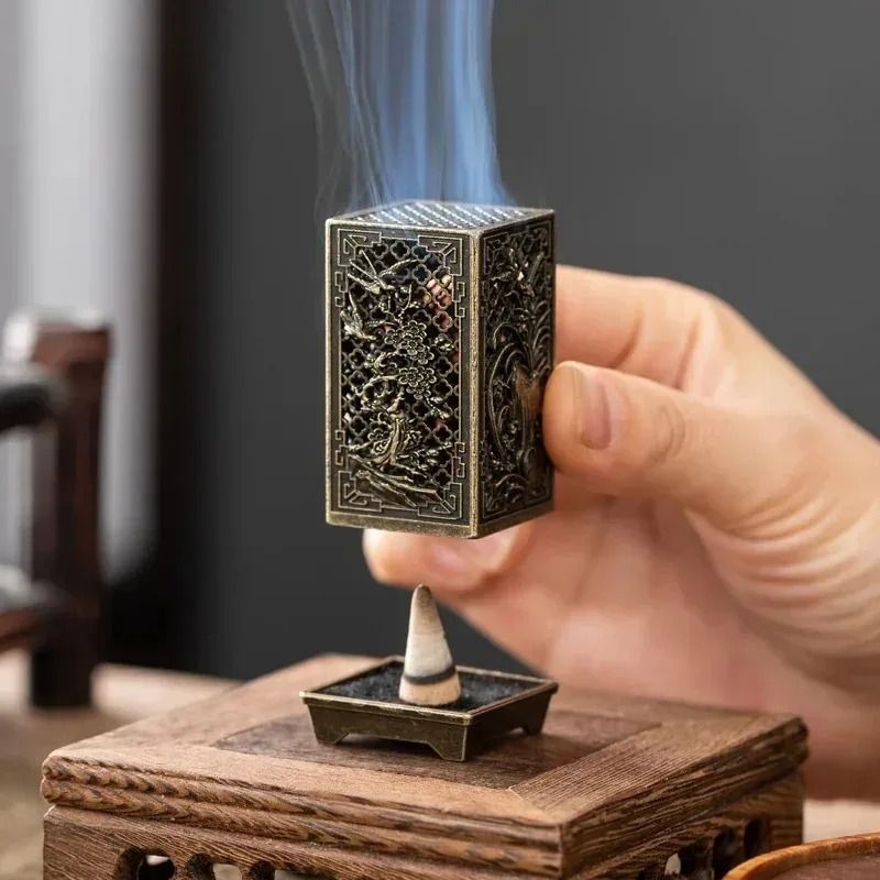 Square Vertical Incense Burner Alloy Aromatherapy Holder with Chinese Plum Design