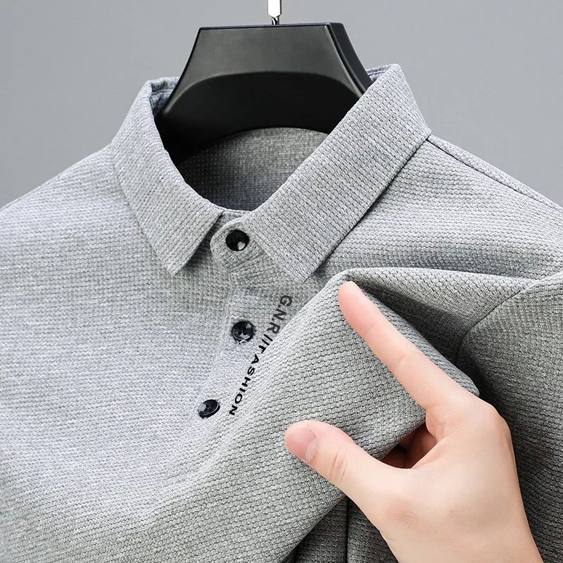 Men's Waffle Knit Polo Shirt – Long Sleeve Casual Letter Print Lapel Top