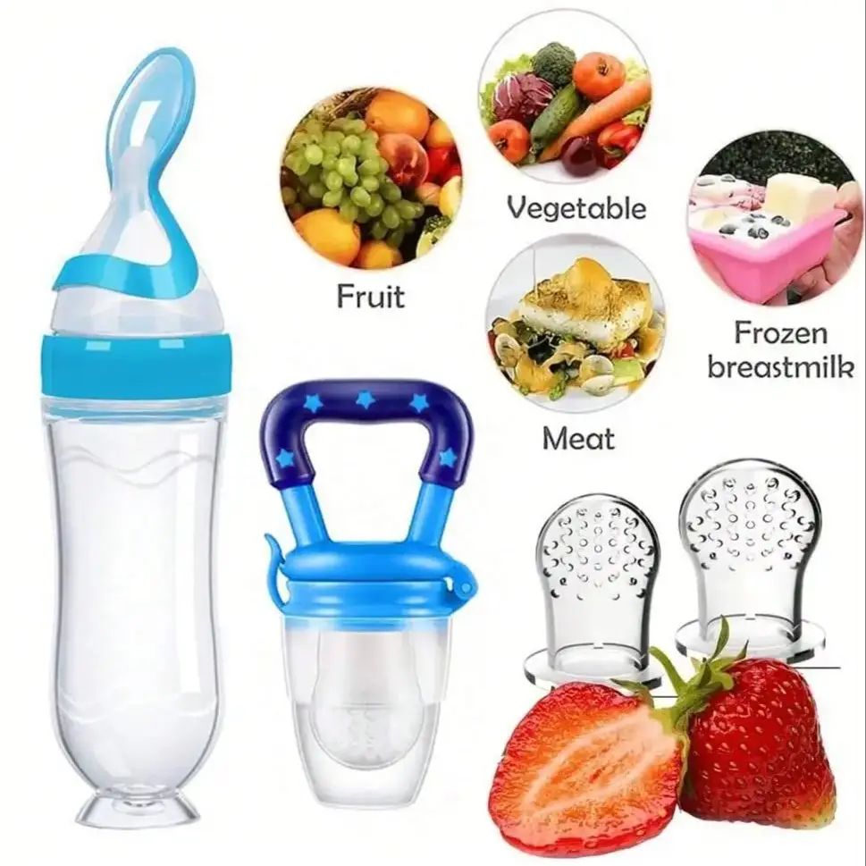 4-Piece Baby Feeding Set with Suction Base Bottle, Cereal & Fruit Feeders and Mesh Bags
