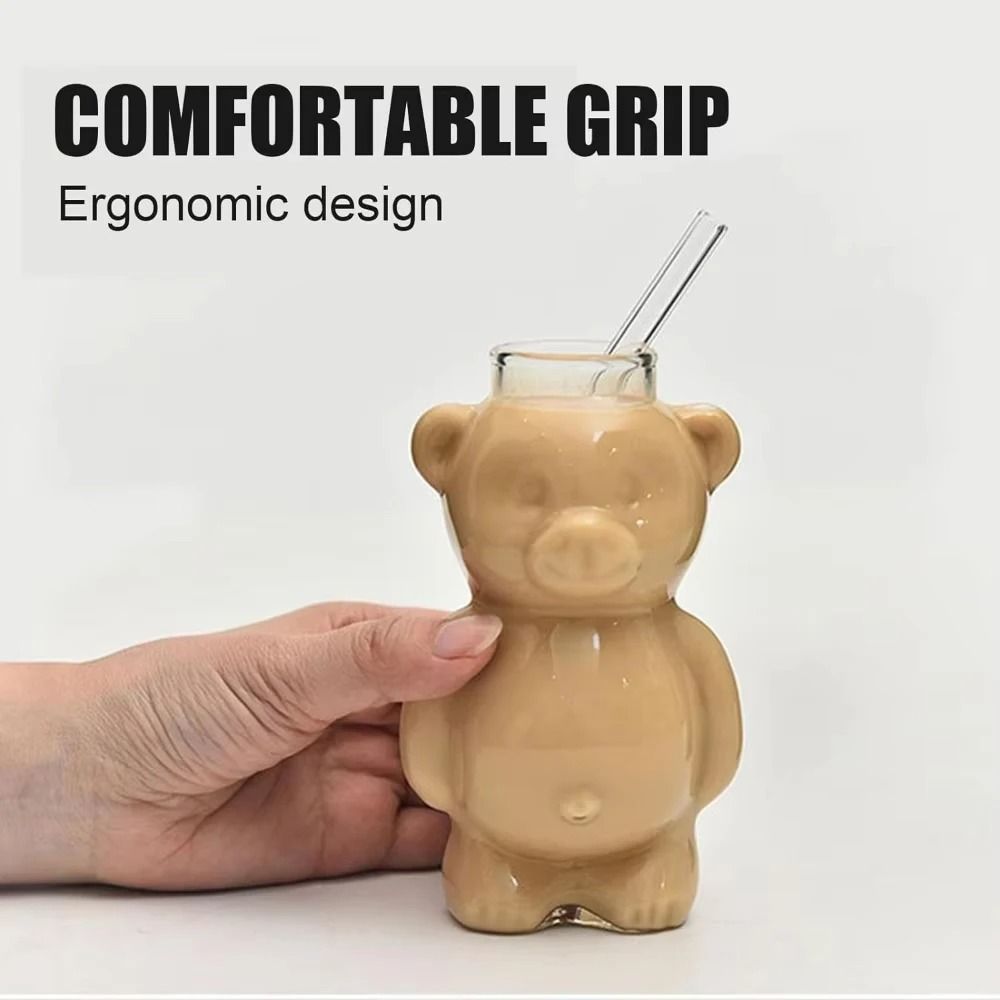 Cartoon Bear Glass Mug – 10.8 oz Creative Transparent Cup with Straw