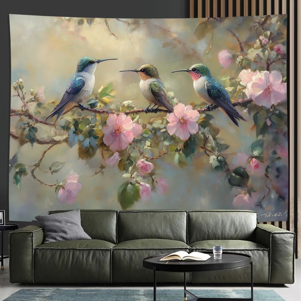 Vibrant Hummingbird Floral Wall Tapestry