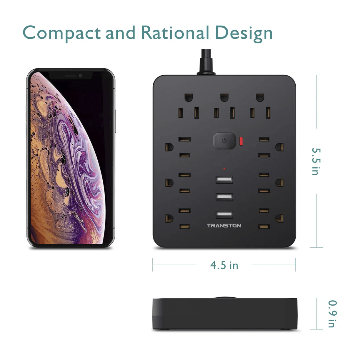 Transton 9 Outlet Power Strip with USB Ports and Surge Protection