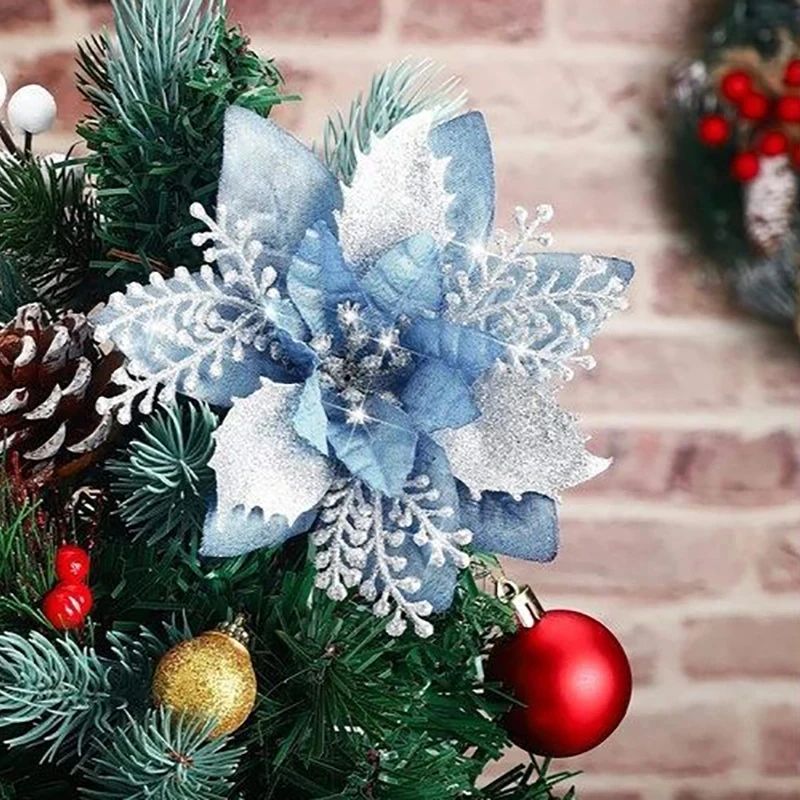 Glitter Pink Poinsettia Christmas Tree Flowers Set 5pcs