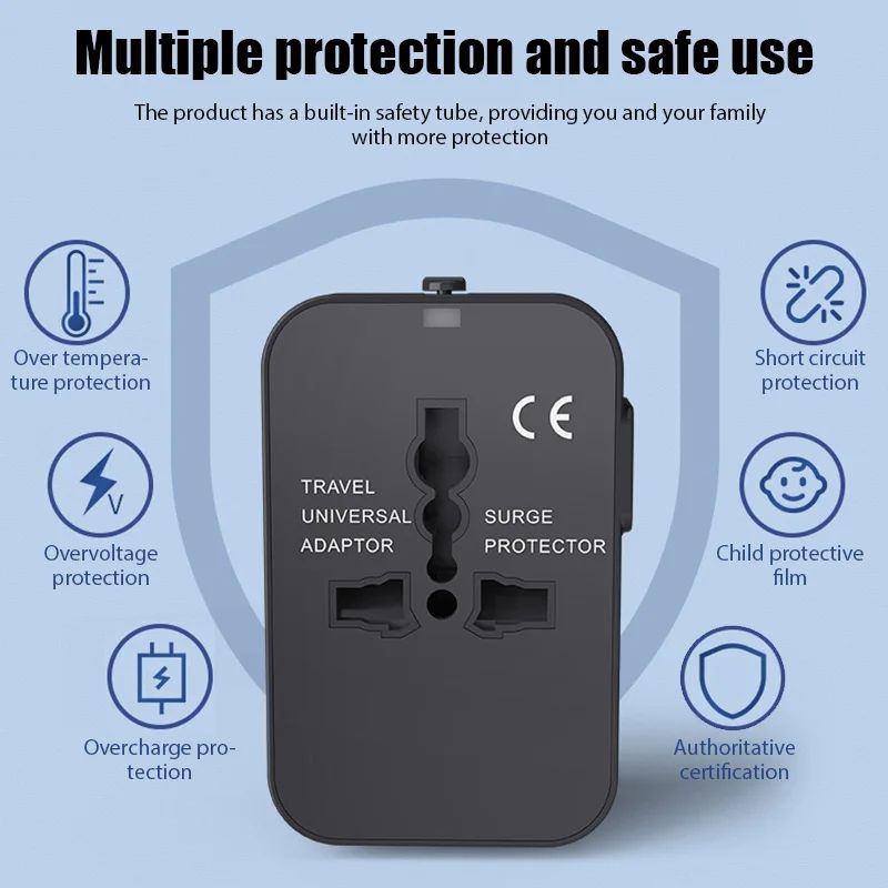 Global Universal Travel Plug Adapter with USB Sockets, AC Power Converter Featuring Child Safety Lock & Protective Cover