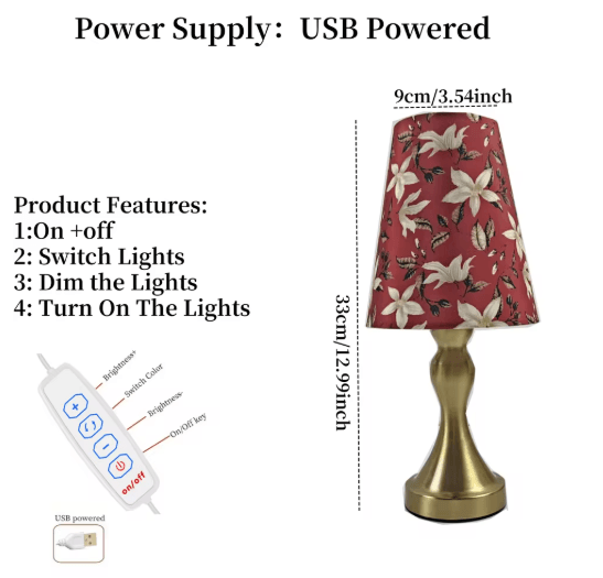 Table Lamp with Golden Base and Floral Fabric Shade USB Powered 3 Tone Dimmable Ambient Light