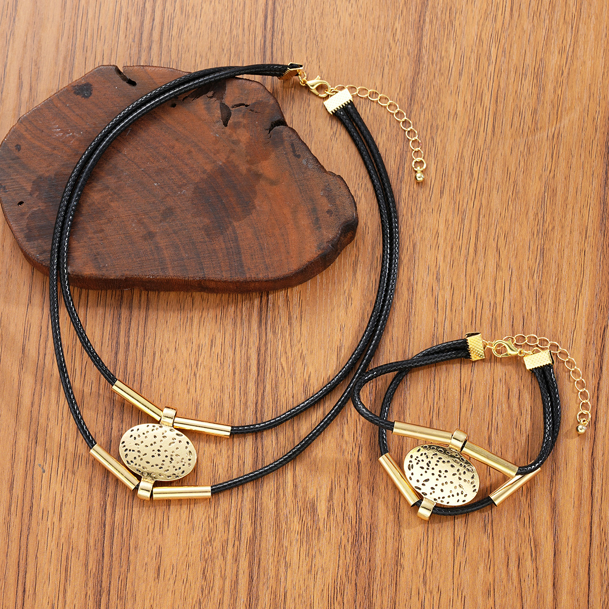 Oval Metal Necklace & Bracelet with Faux Leather Double Layered Chain, Elegant & Adjustable