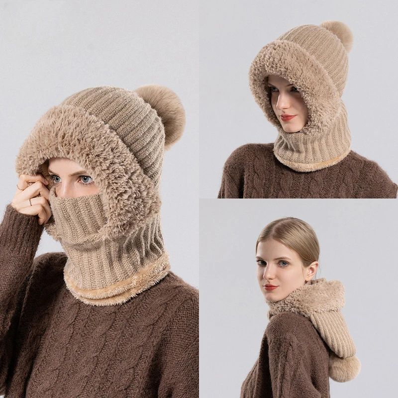Women's Hooded Knit Balaclava Hat – Winter Velvet Fluffy Ear Protection Neck Warmer