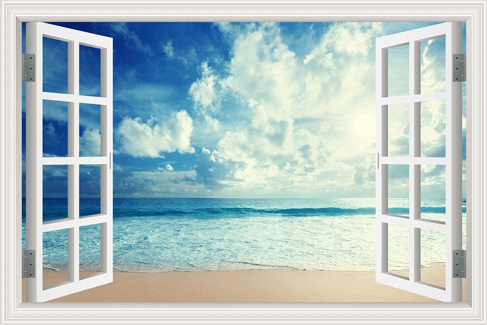 3D Beach Window View Wall Sticker – Ocean Sky Landscape Peel & Stick PVC Wallpaper