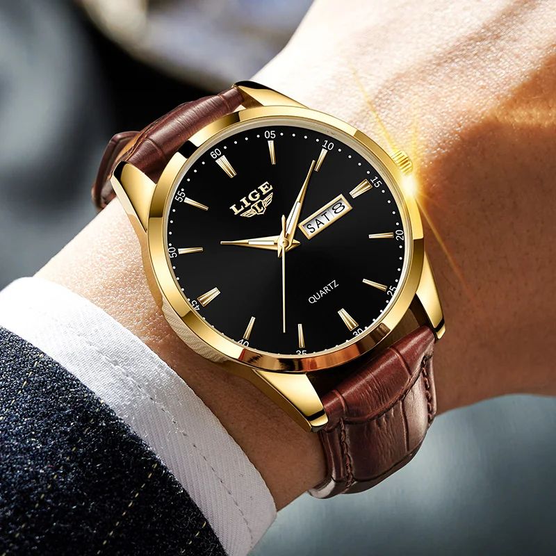 LIGE Executive Waterproof Men's Leather Quartz Watch with Luminous Date & Week Display