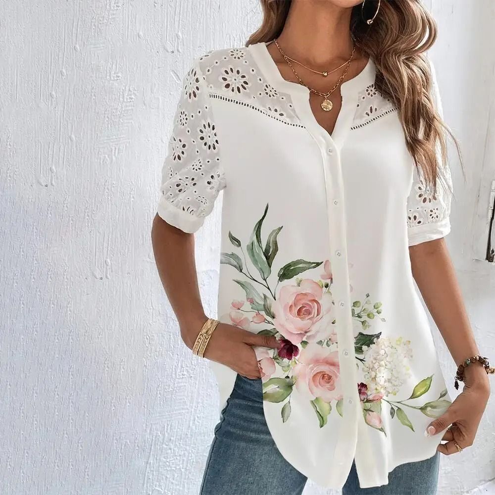 Womens Elegant Lace Short Sleeve Blouse Casual Loose Fit Top for Summer Holidays and Weekend Outfits