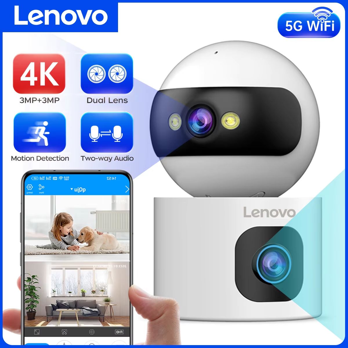Lenovo 4K Dual Lens Outdoor WiFi PTZ Security Camera with AI Auto Tracking