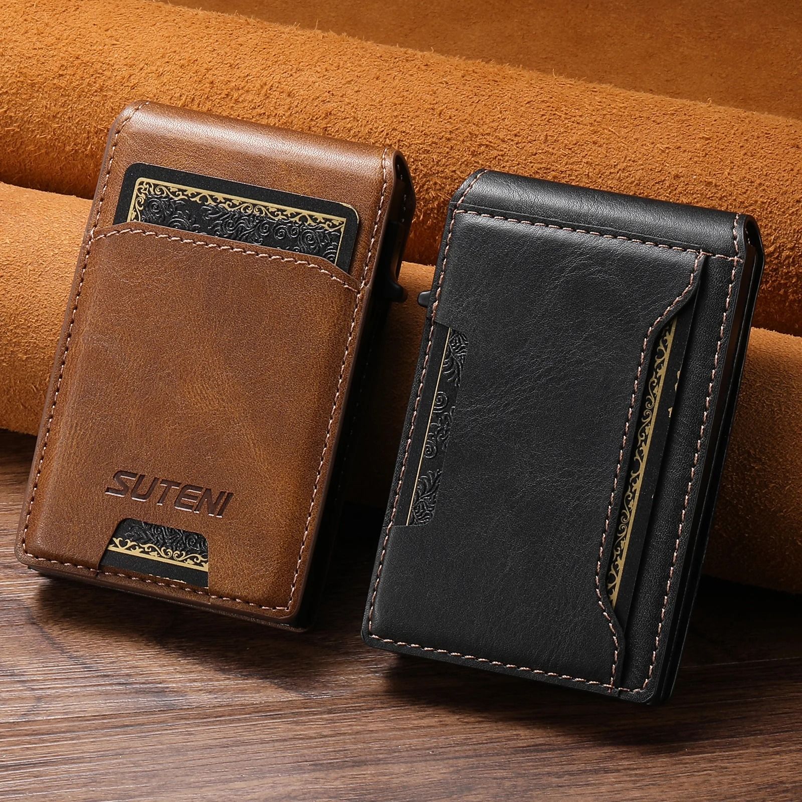 Mens PU Leather Auto Eject Wallet with Flip Cover