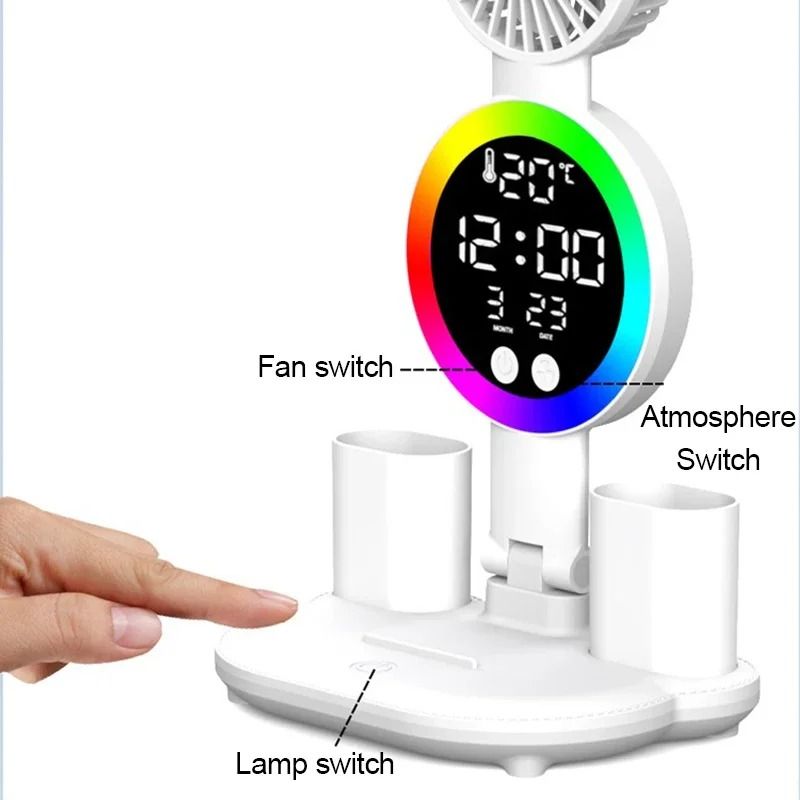 Rechargeable LED Table Lamp with Fan Clock Display Reading Desk Light Night Light