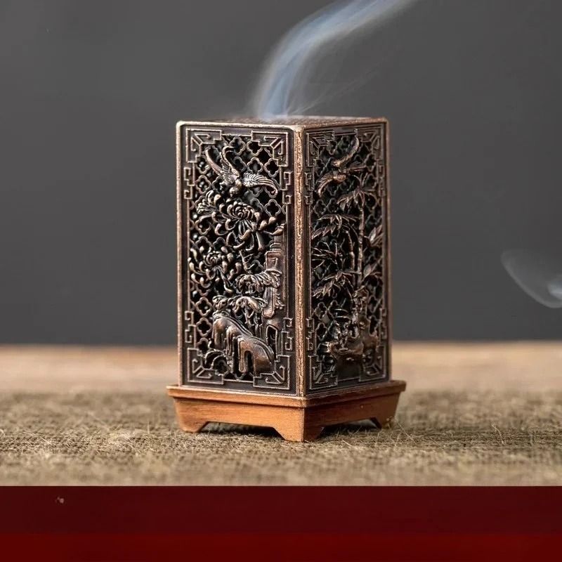 Square Vertical Incense Burner Alloy Aromatherapy Holder with Chinese Plum Design